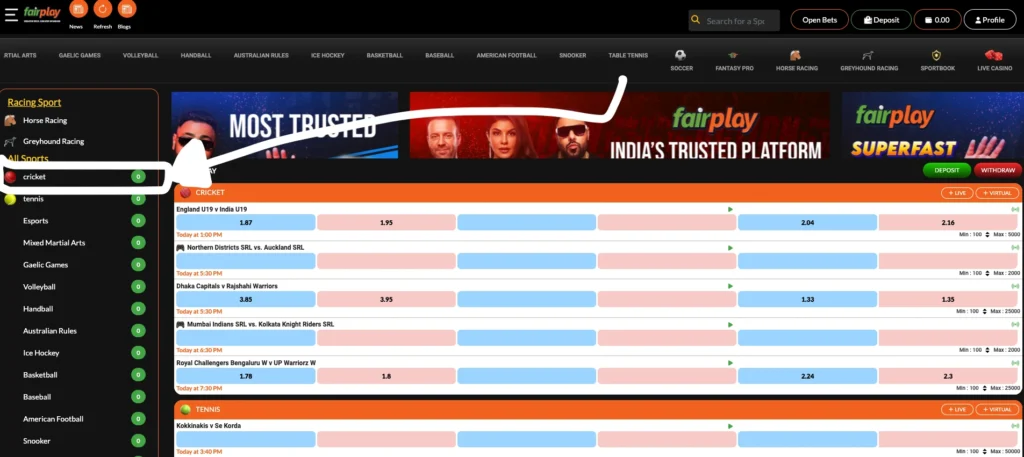 Access the Cricket Section